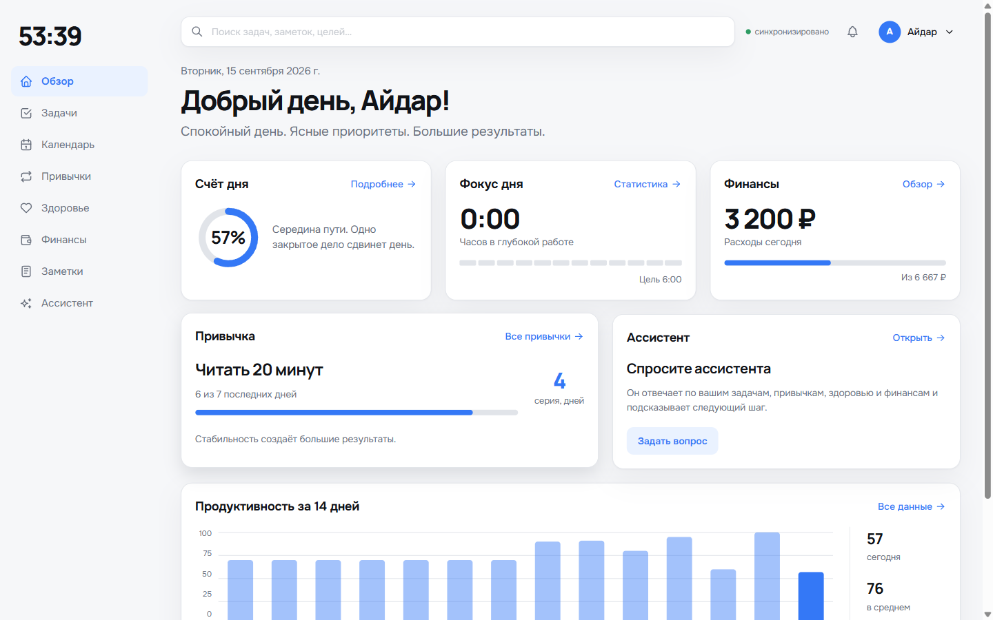 Экран «Обзор» приложения 53:39 на компьютере: счёт дня, фокус, траты и график продуктивности за 14 дней